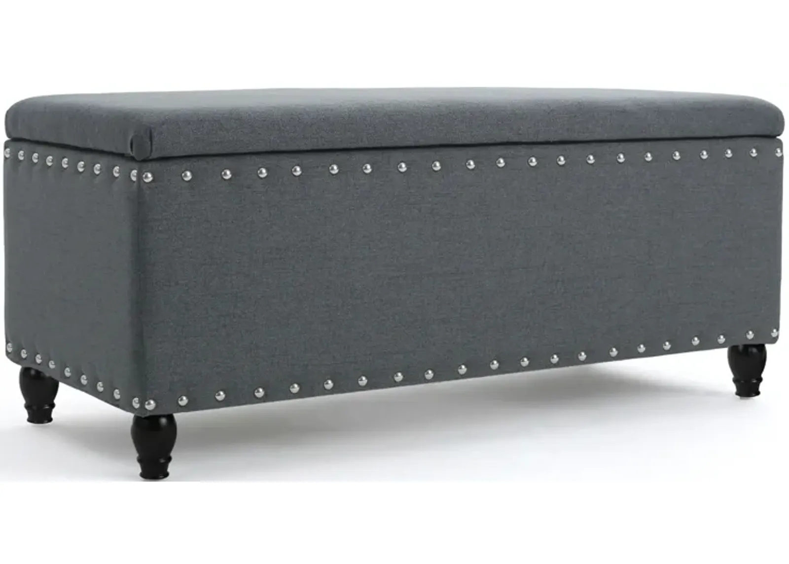 Sharon Storage Ottoman Bench, Dark Gray Fabric, Nailhead Trim, 42 Inch -Benzara