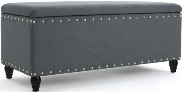 Sharon Storage Ottoman Bench, Dark Gray Fabric, Nailhead Trim, 42 Inch -Benzara