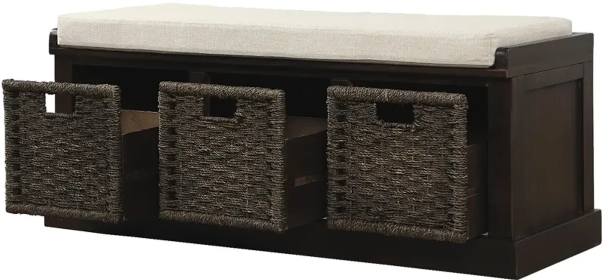 Rustic Storage Bench With 3 Removable Classic Rattan Basket, Entryway Bench