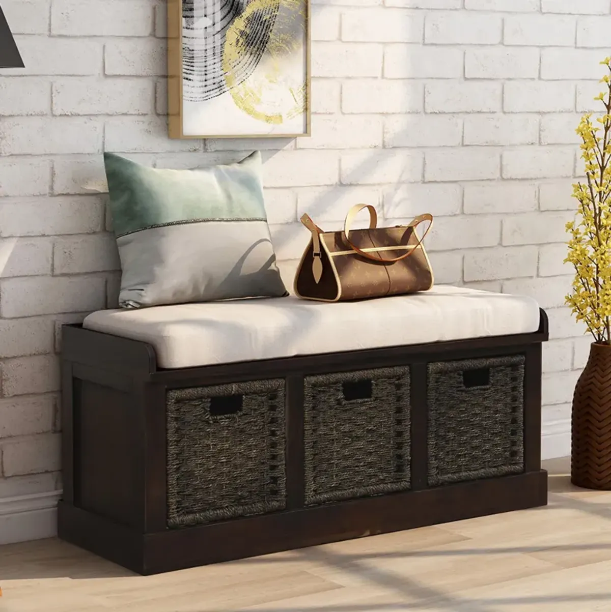 Rustic Storage Bench With 3 Removable Classic Rattan Basket, Entryway Bench