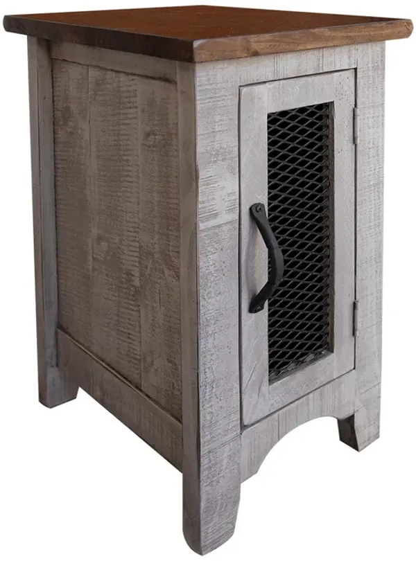 Benjara Ata 26 Inch Chairside End Table, 1 Door, Pine Wood, Rustic, Light Gray and Brown