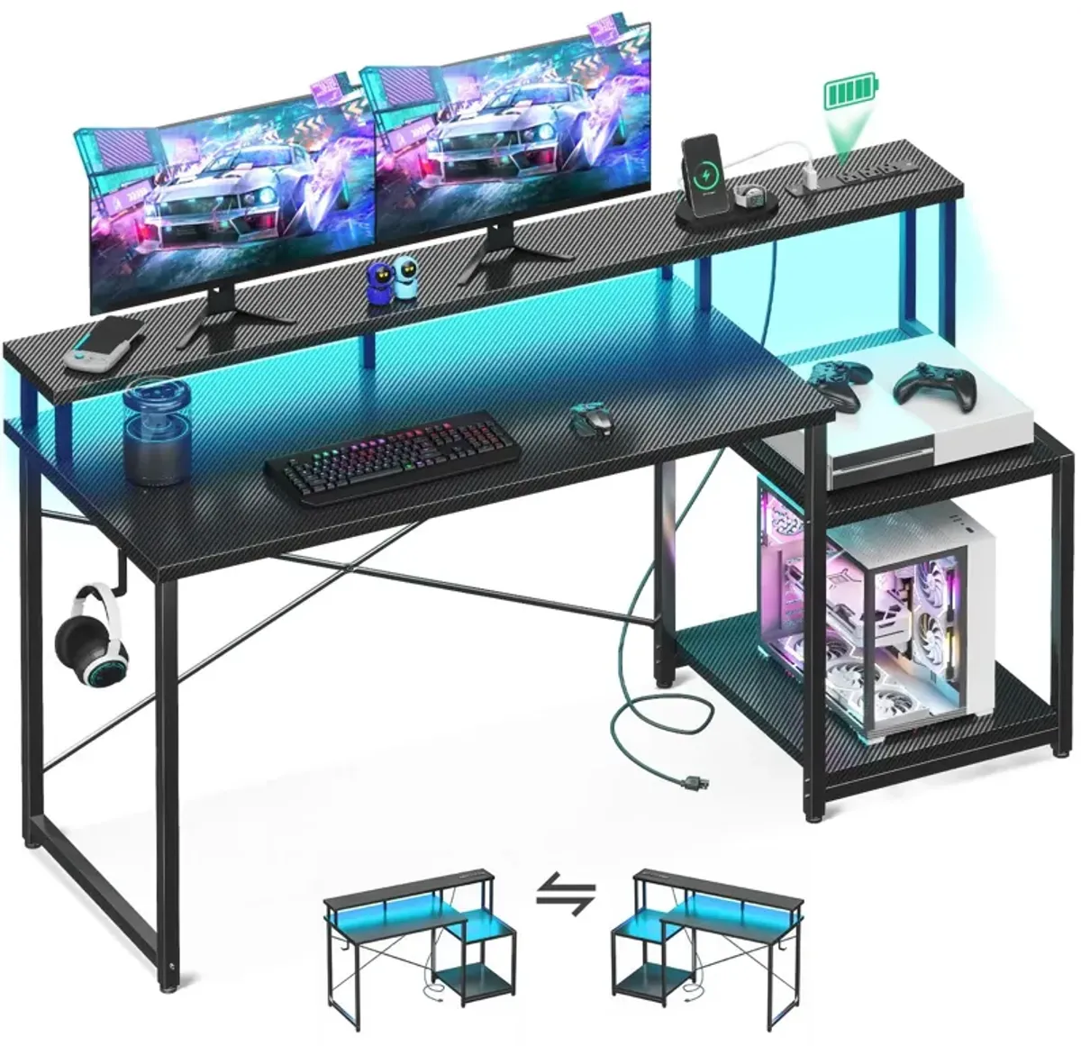 AODK Computer Desk, 56 Inch Gaming Desk with Led Lights & Power Outlet, Office Desk with Printer Storage Shelves, Reversible Des
