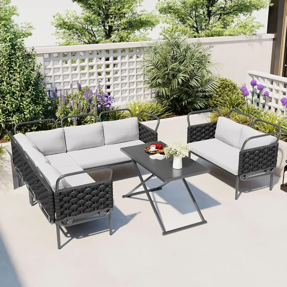 MONDAWE 5 Piece Modern Patio Sectional Sofa Set Outdoor Woven Rope Furniture Set with Glass Table and Cushions