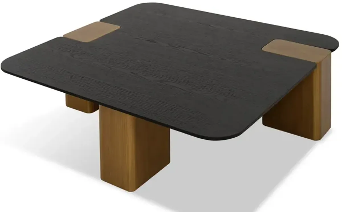 Cid Casy 39 Inch Coffee Table, Square Black Veneer, Brushed Gold Block Legs - Benzara