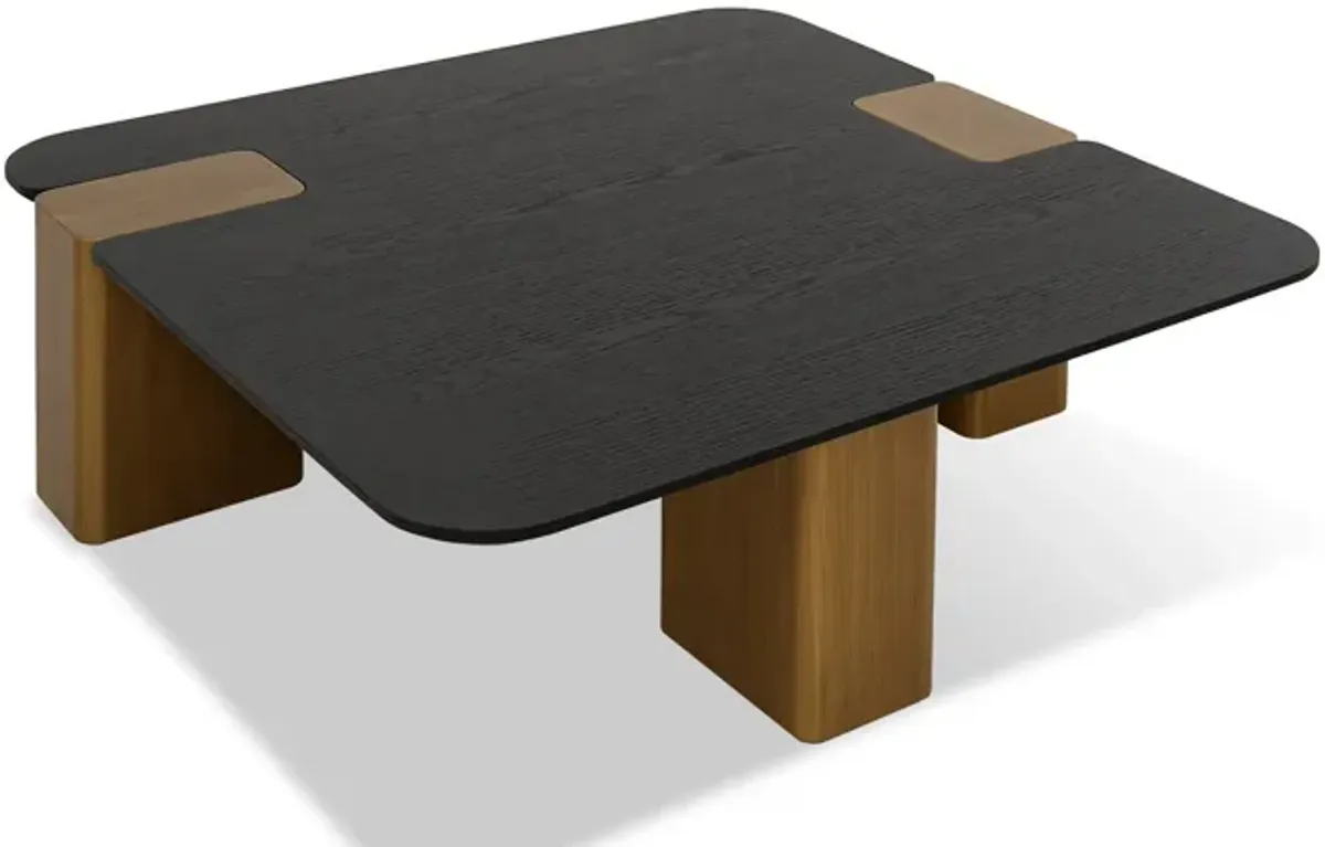 Cid Casy 39 Inch Coffee Table, Square Black Veneer, Brushed Gold Block Legs - Benzara