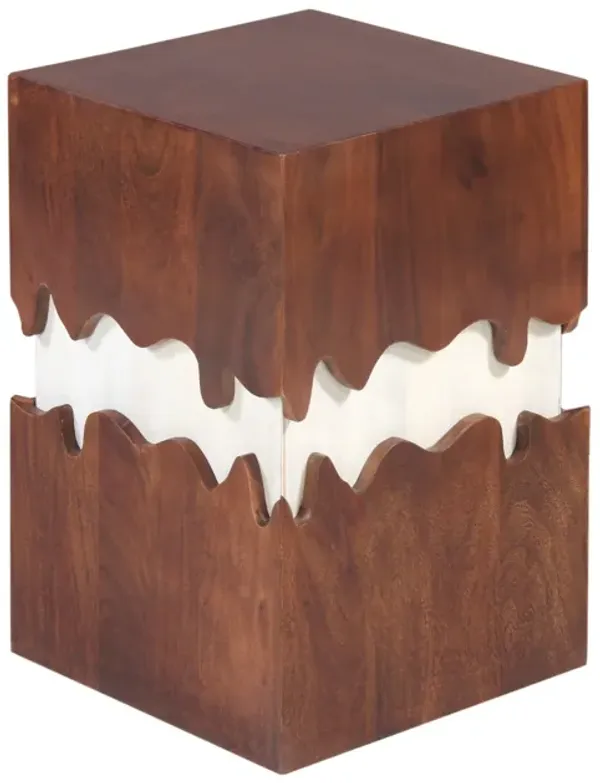 Allen 21 Inch Modern 2 Tone Acacia Wood Side End Table, Block Pedestal, Abstract Design, Walnut, White-Benzara