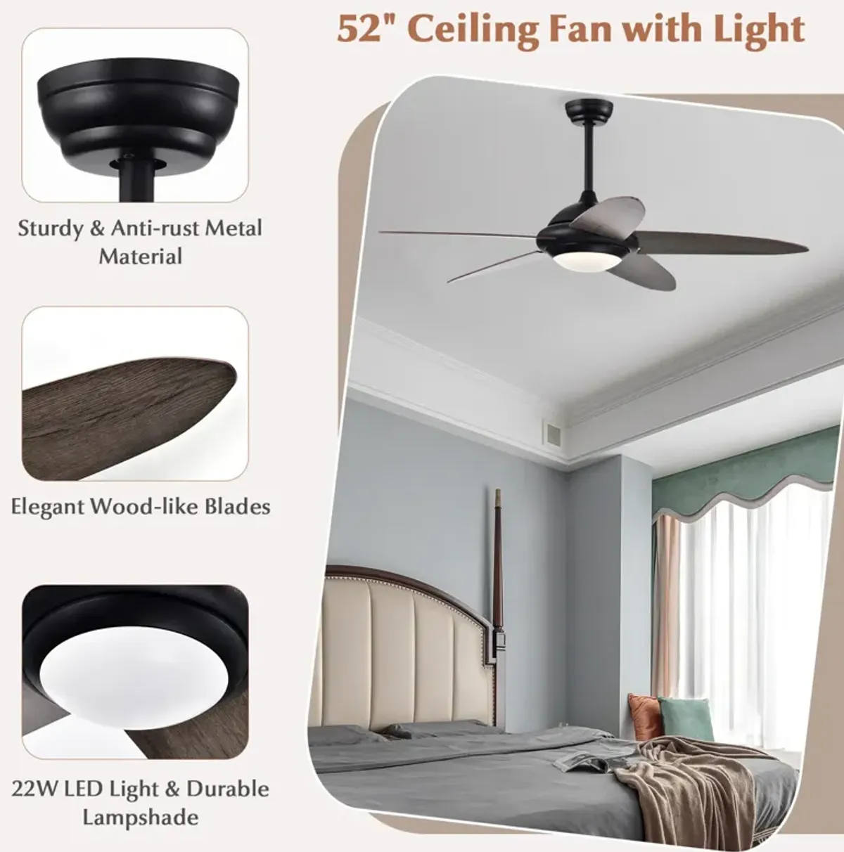 52 Inch Ceiling Fan with Lights and 3 Lighting Colors-Black