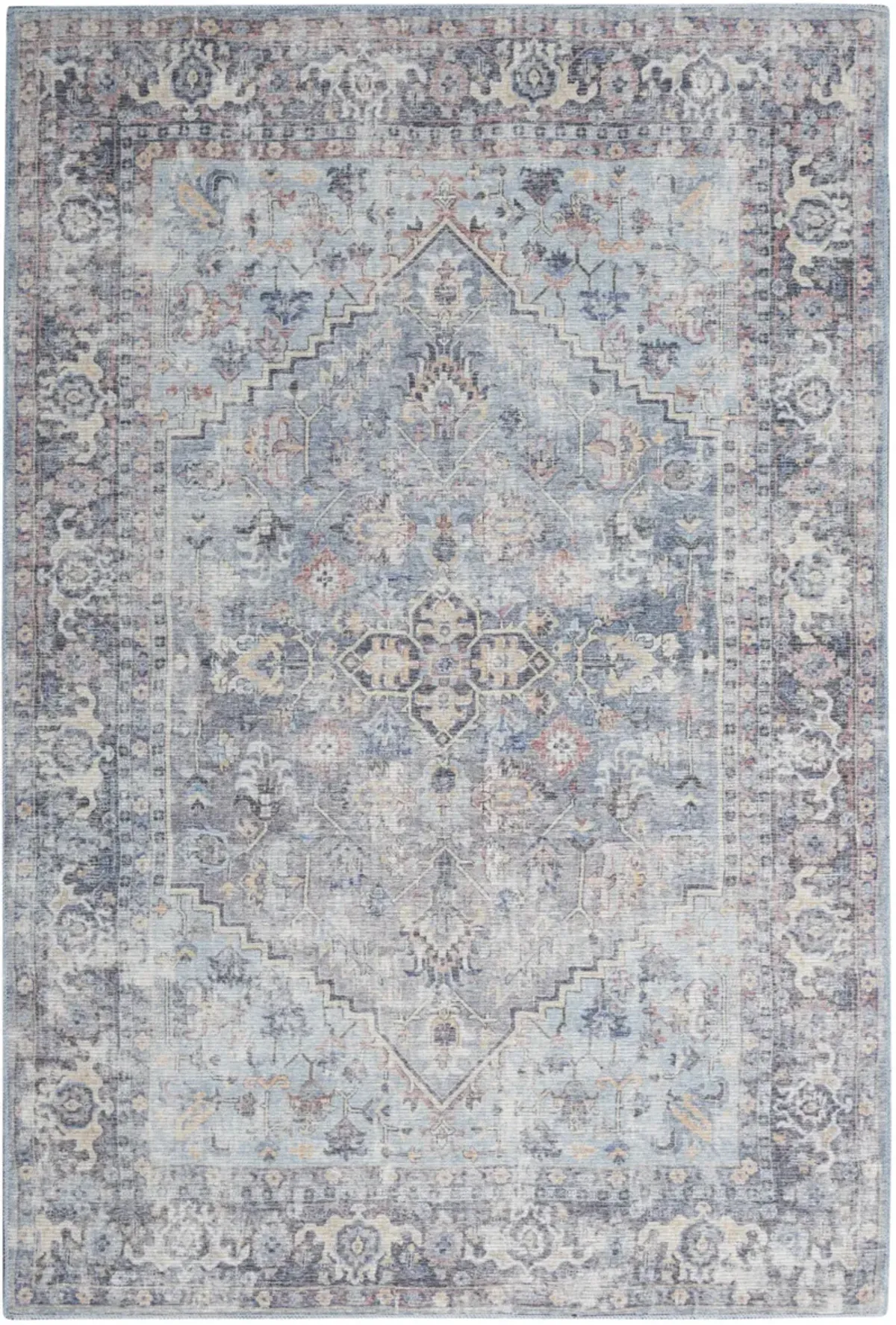 4 X 6 Light grey And Blue Oriental Power Loom Distressed Washable Area Rug