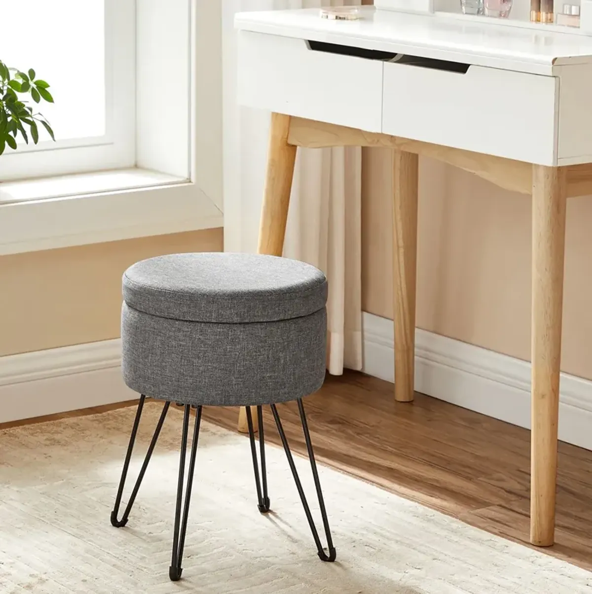 Compact Vanity Stool with Hidden Storage for Bedroom or Bathroom