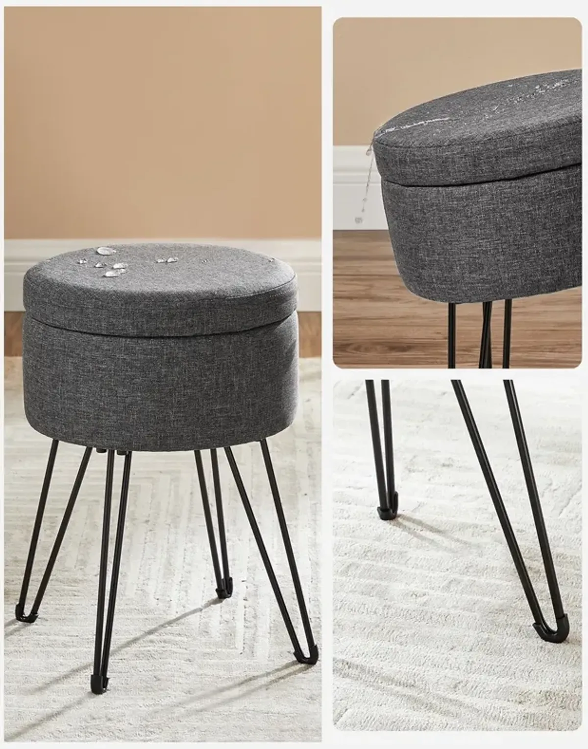 Compact Vanity Stool with Hidden Storage for Bedroom or Bathroom