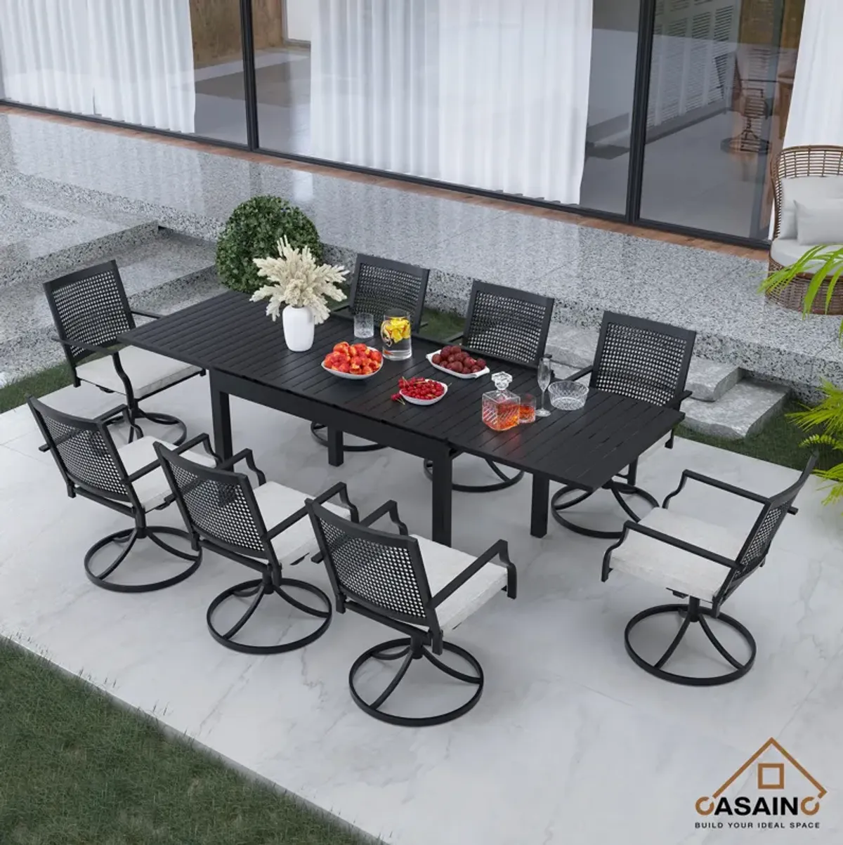 9 Piece Metal Frame Patio Dining Set, Aluminum Extendable Dining Table