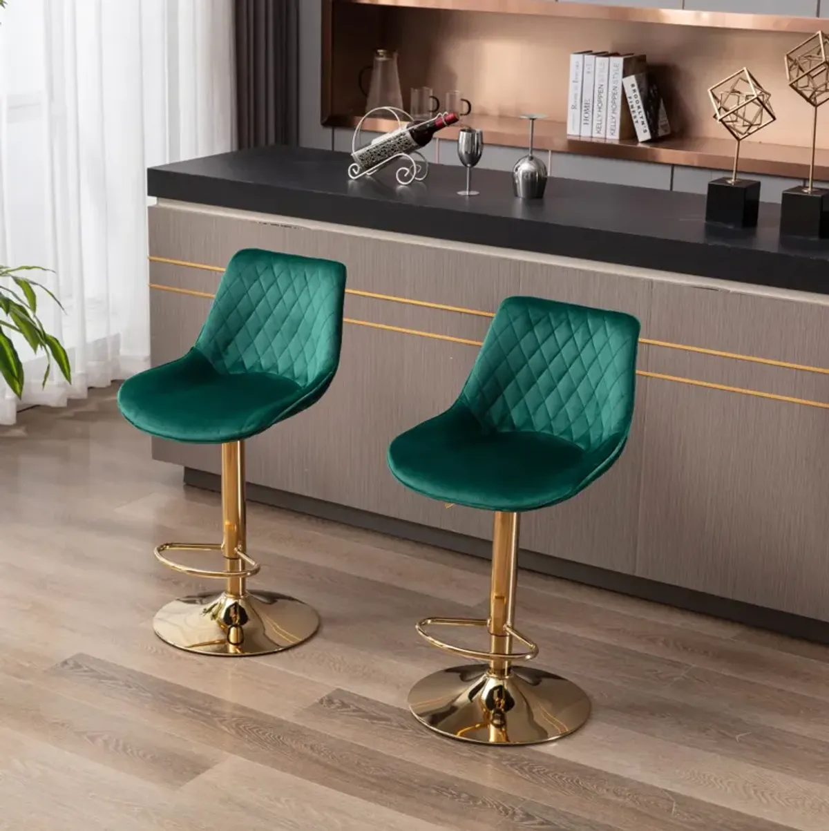 Set Of 2 Bar Stools, With Chrome Footrest And Base Swivel Height Adjustable Mechanical Lifting