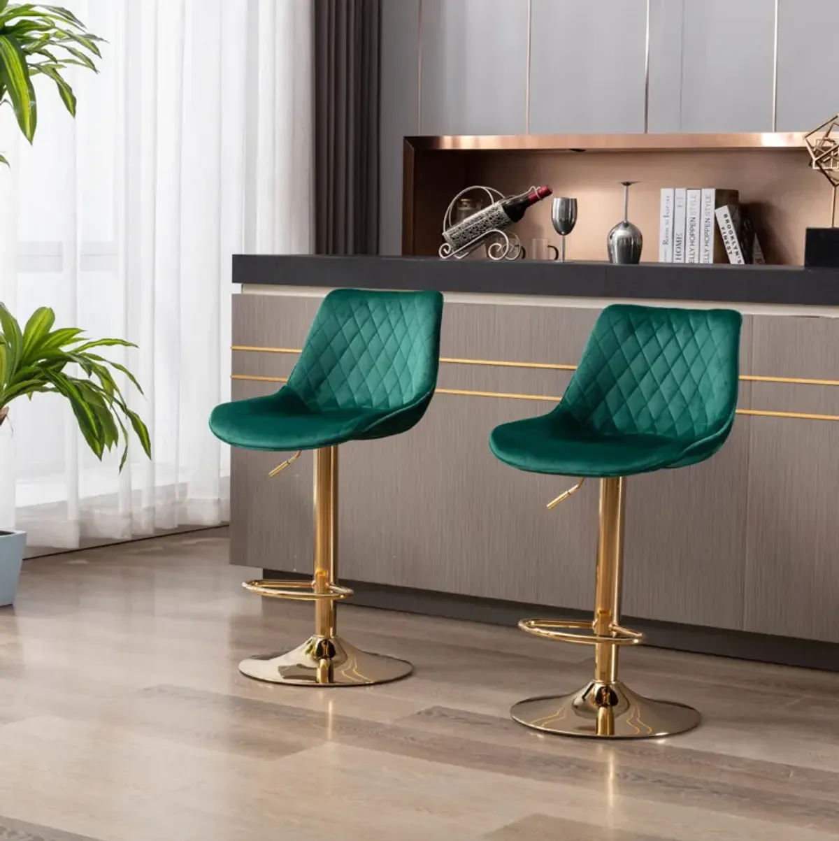 Set Of 2 Bar Stools, With Chrome Footrest And Base Swivel Height Adjustable Mechanical Lifting