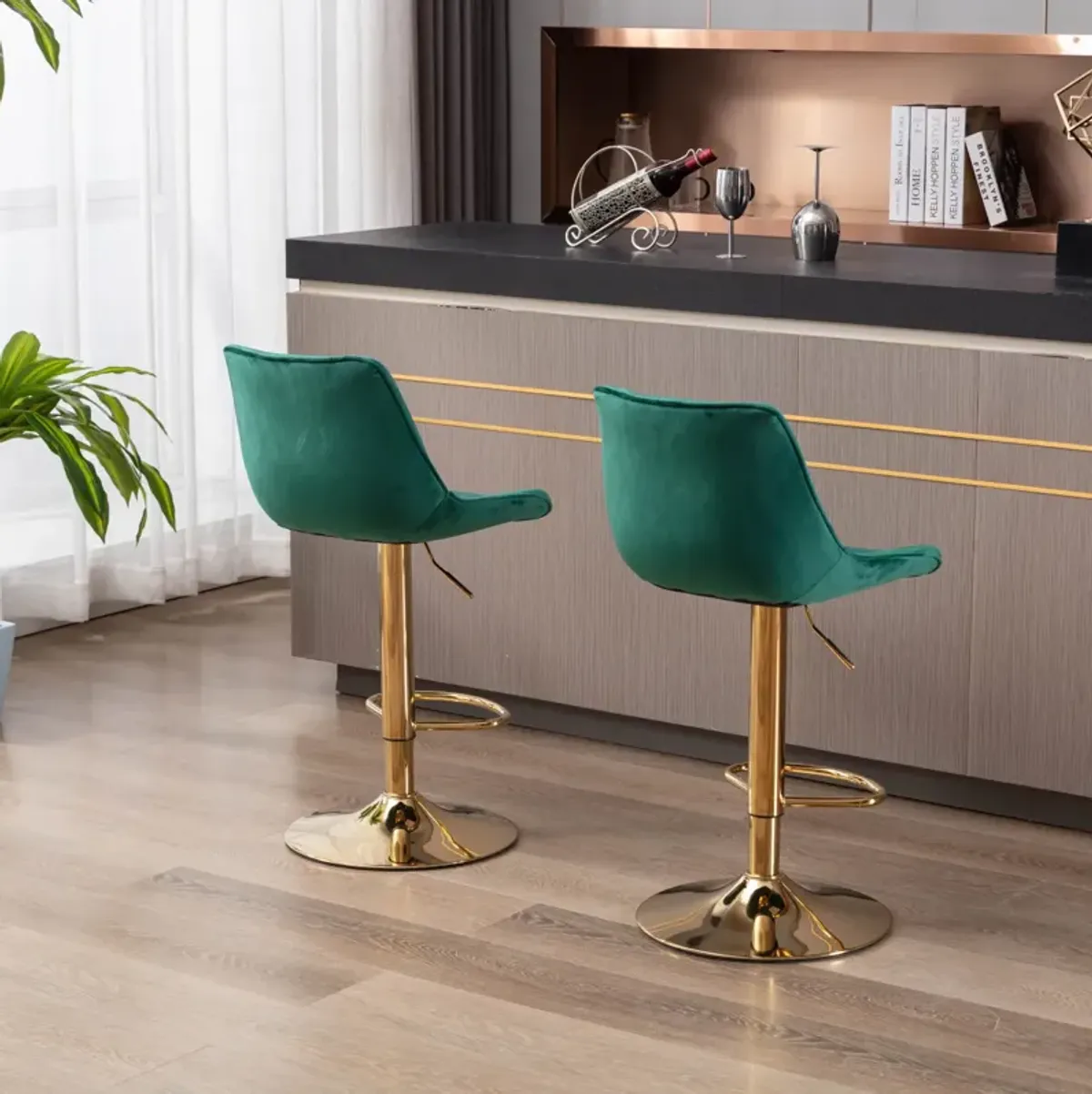 Set Of 2 Bar Stools, With Chrome Footrest And Base Swivel Height Adjustable Mechanical Lifting