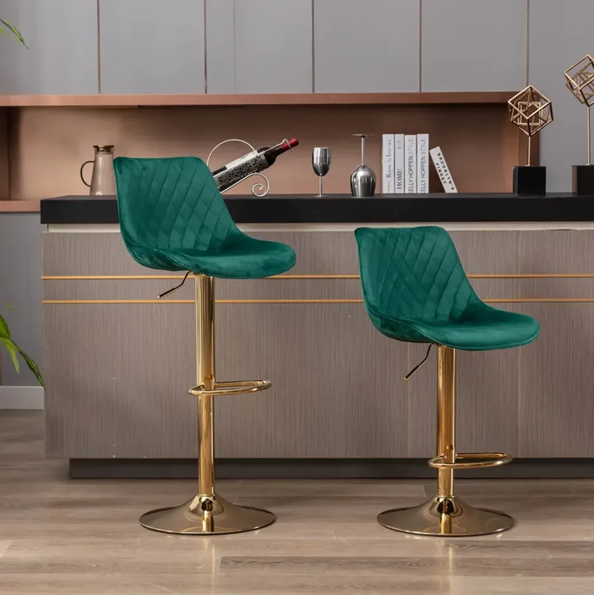 Set Of 2 Bar Stools, With Chrome Footrest And Base Swivel Height Adjustable Mechanical Lifting