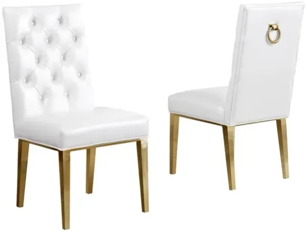 Best Quality Furniture White Faux Leather Tufted Dining Side Chairs, Chrome Gold Legs - Set Of 2