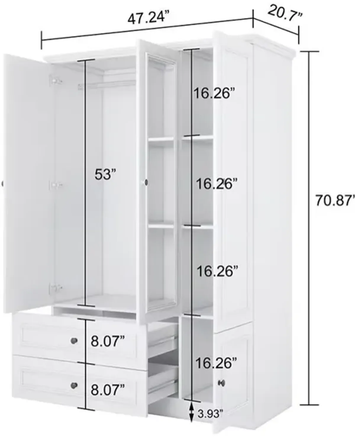 Armoire Wardrobe Closet Wooden with 3 Doors, Hanging Rods, 2 Drawers, Storage Cabinet and Mirror Large Capacity Large Wardrobe Closet for Bedroom, White