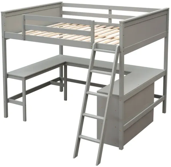 Whisen Modern Design Full Size Wooden Loft Bed with Shelves and Desk