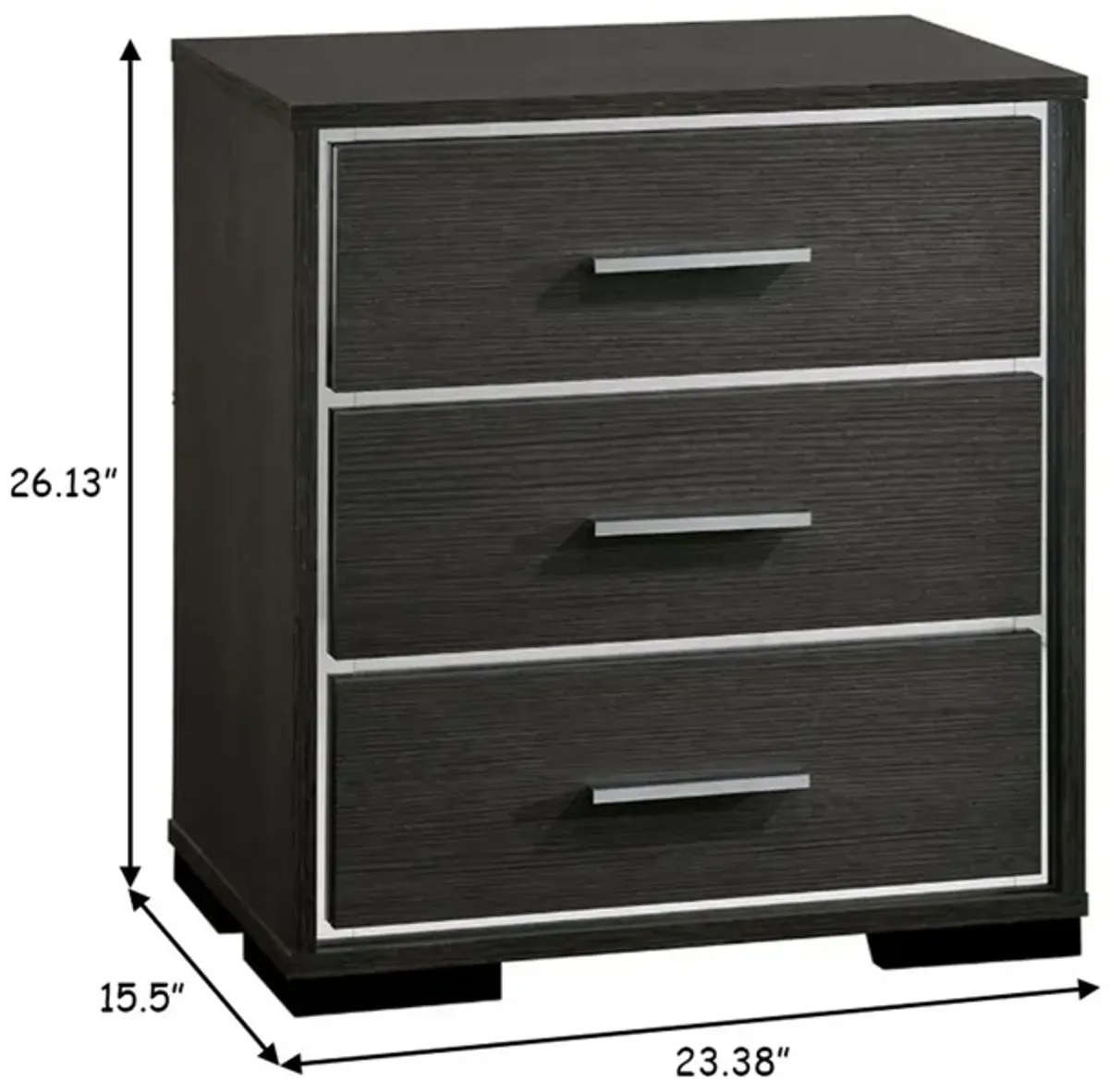 Contemporary Style Three Drawers Wooden Nightstand with Bar Handles, Dark Gray-Benzara