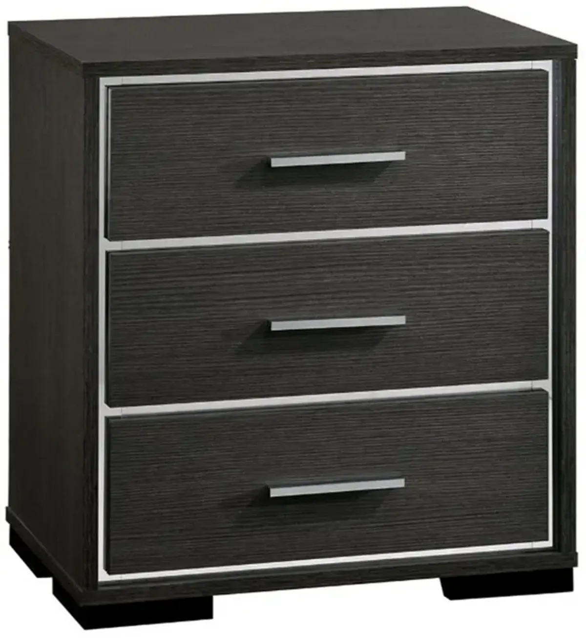 Contemporary Style Three Drawers Wooden Nightstand with Bar Handles, Dark Gray-Benzara