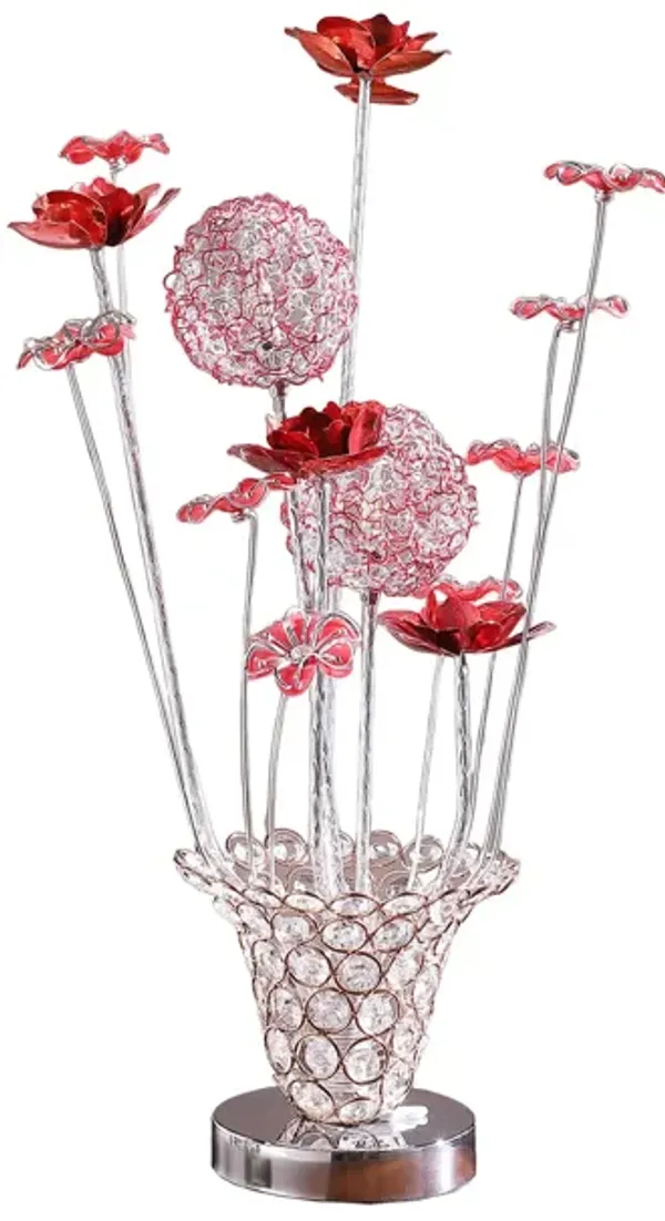 Accent Table Lamp, LED, Red Roses Trumpet Crystal Vase, Chrome 21 Inch - Benzara
