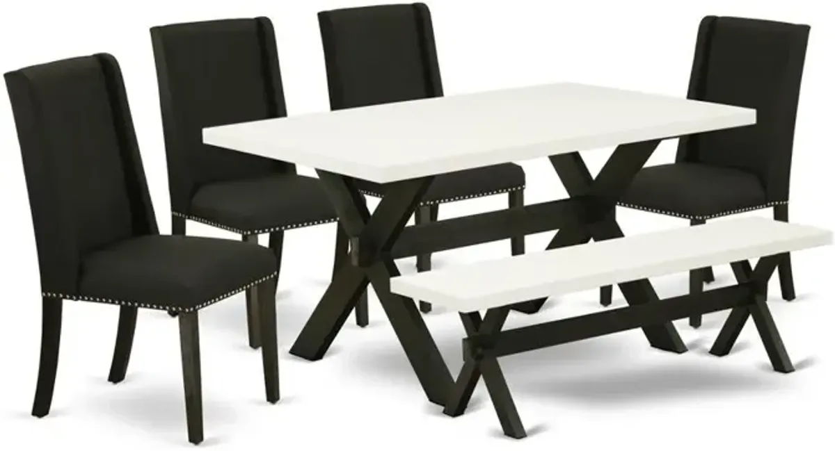 East West Furniture 6-Pc -Black Linen Fabric Seat and High Stylish Chair Back Parson chairs, A Rectangular Bench and Rectangular Top Modern Dining Table with Solid Wood Legs - Linen White and Wire bru