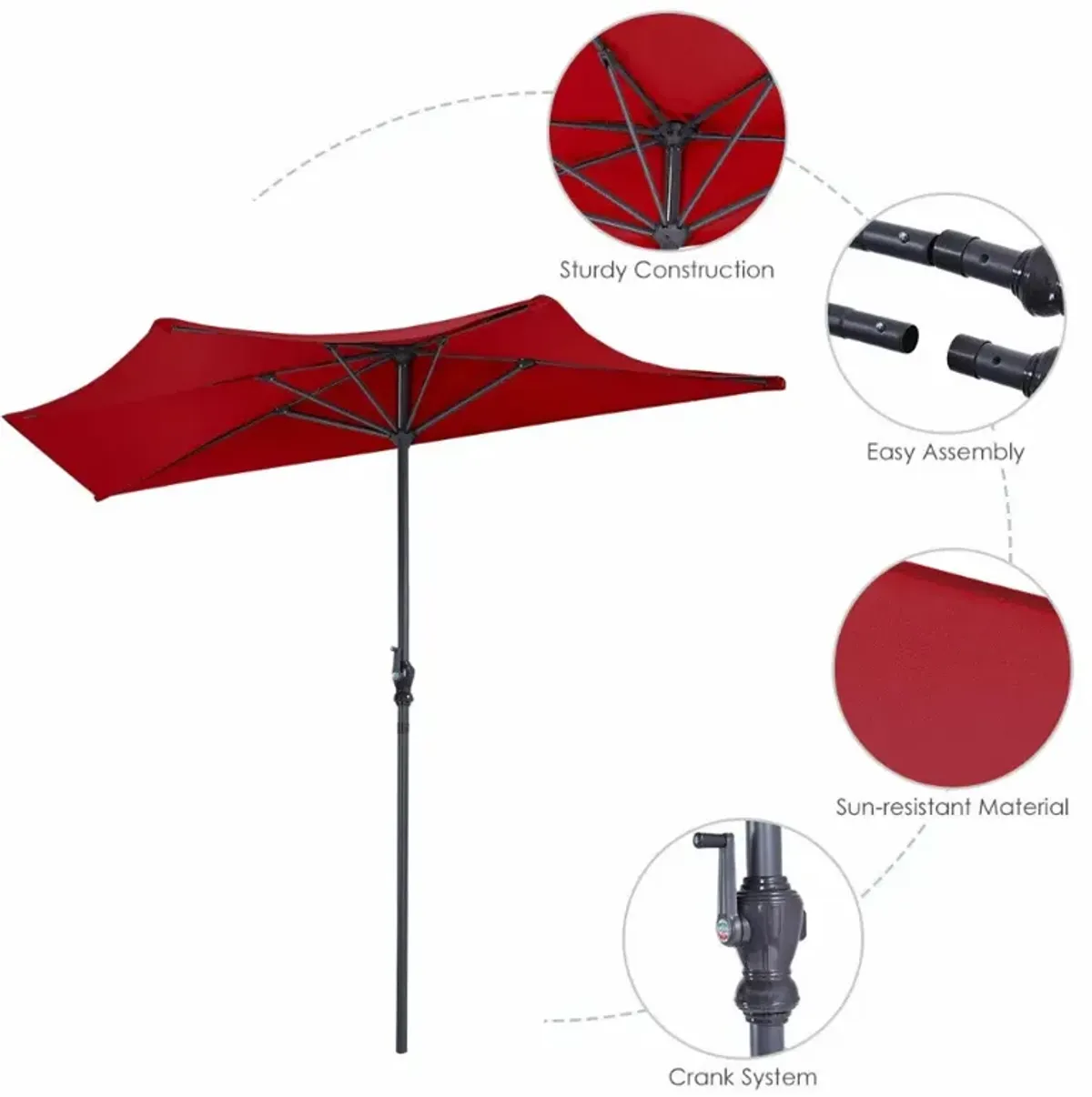 9 Feet Patio Bistro Half Round Umbrella without Weight Base