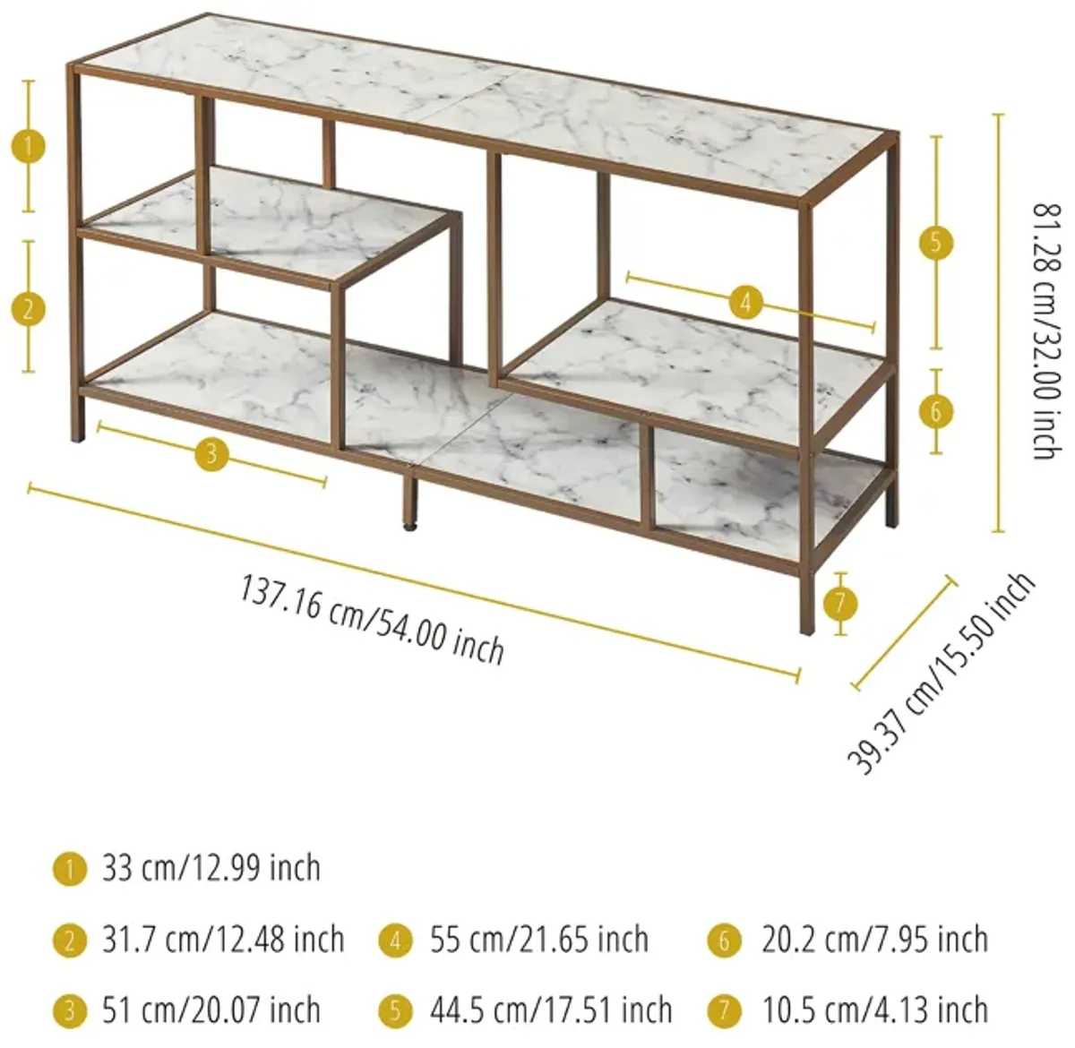 Teamson Home - Marmo TV Stand With Faux Marble top, Brass Finish