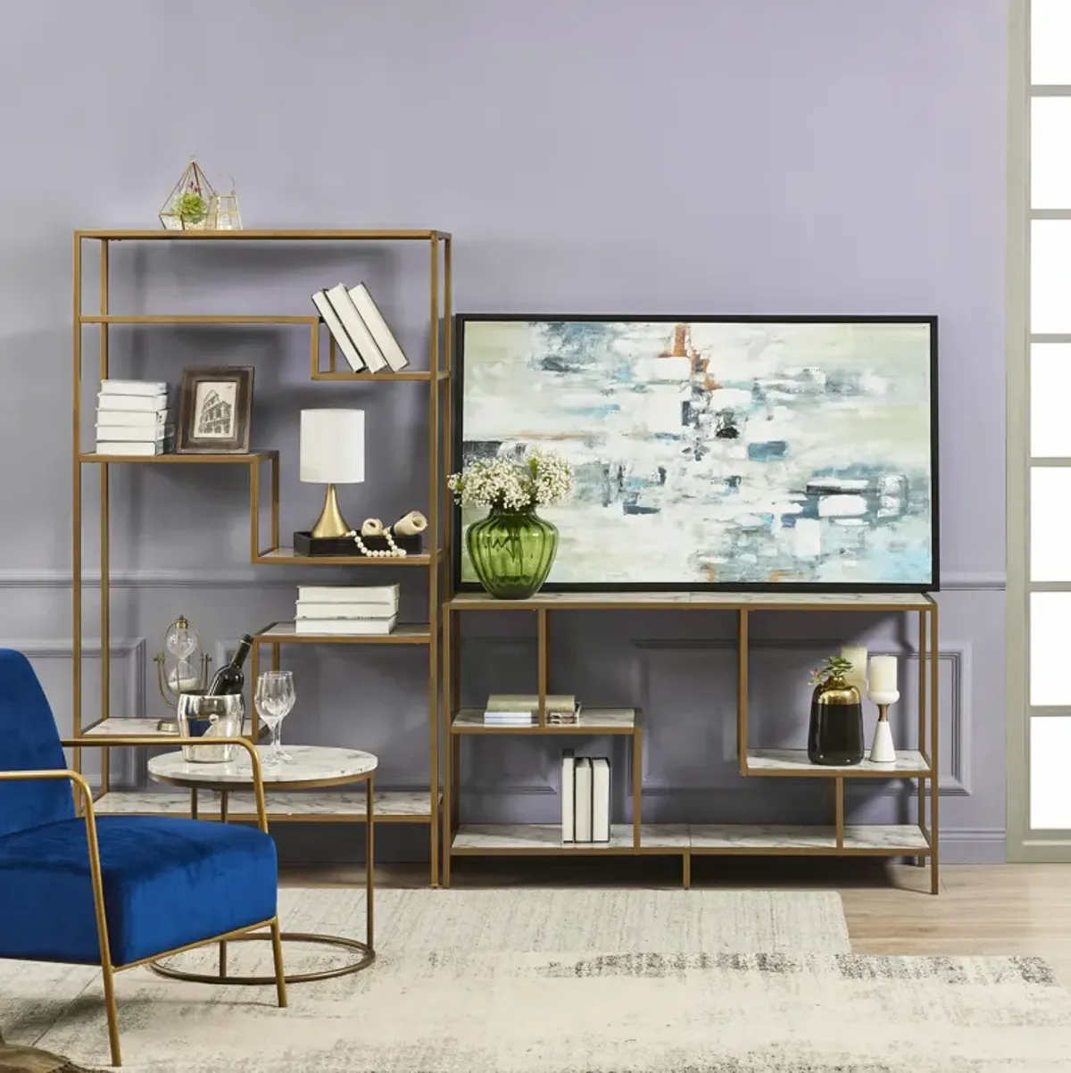 Teamson Home - Marmo TV Stand With Faux Marble top, Brass Finish