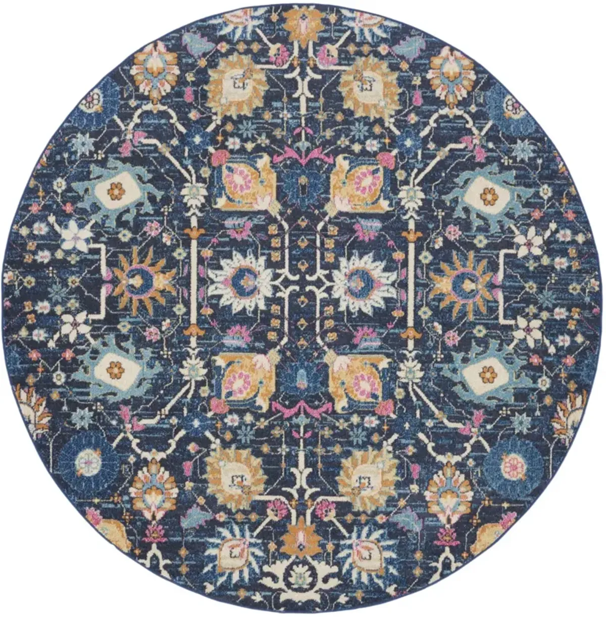 8 Navy Blue Round Floral Power Loom Area Rug