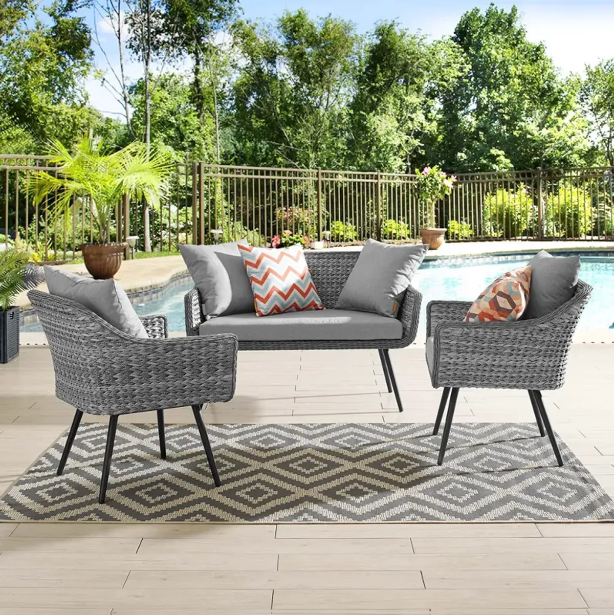 Modway - Endeavor 3 Piece Outdoor Patio Wicker Rattan Loveseat and Armchair Set Gray