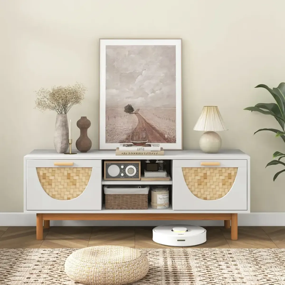 Mid Century Modern TV Stand Entertainment Center for 55-Inch TV with 2 Drawers and Wicker Woven Fronts-White