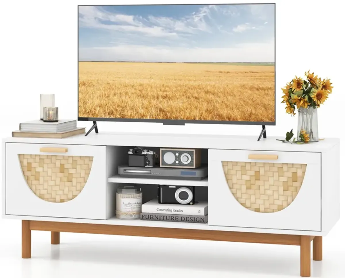 Mid Century Modern TV Stand Entertainment Center for 55-Inch TV with 2 Drawers and Wicker Woven Fronts-White