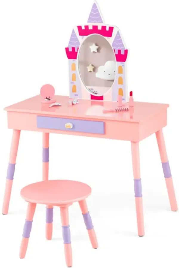 Hivvago Kids Princess Vanity Table and Stool Set with Drawer and Mirror-Pink