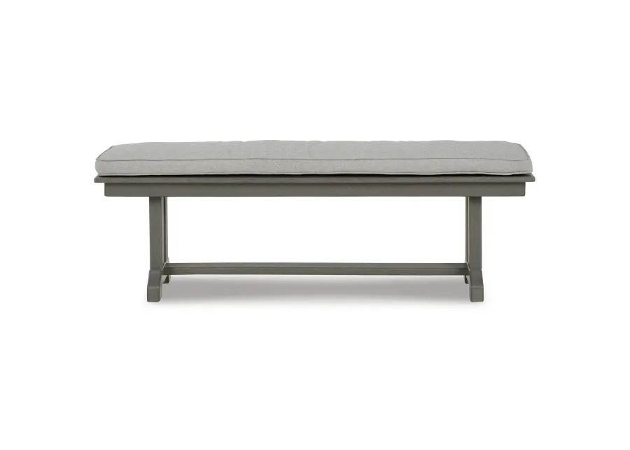 Vrai 54 Inch Outdoor Bench, Gray Wood Frame, Trestle Base, Cushioned Seat-Benzara