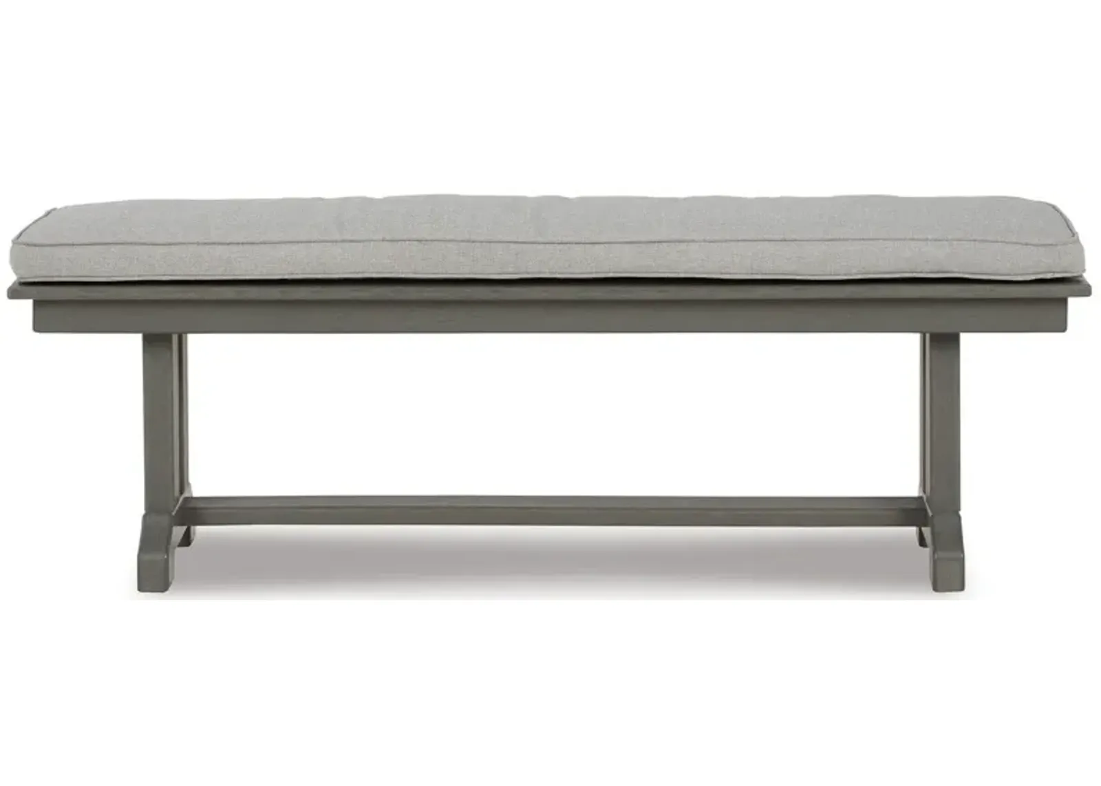 Vrai 54 Inch Outdoor Bench, Gray Wood Frame, Trestle Base, Cushioned Seat-Benzara