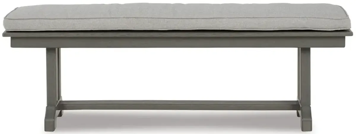 Vrai 54 Inch Outdoor Bench, Gray Wood Frame, Trestle Base, Cushioned Seat-Benzara