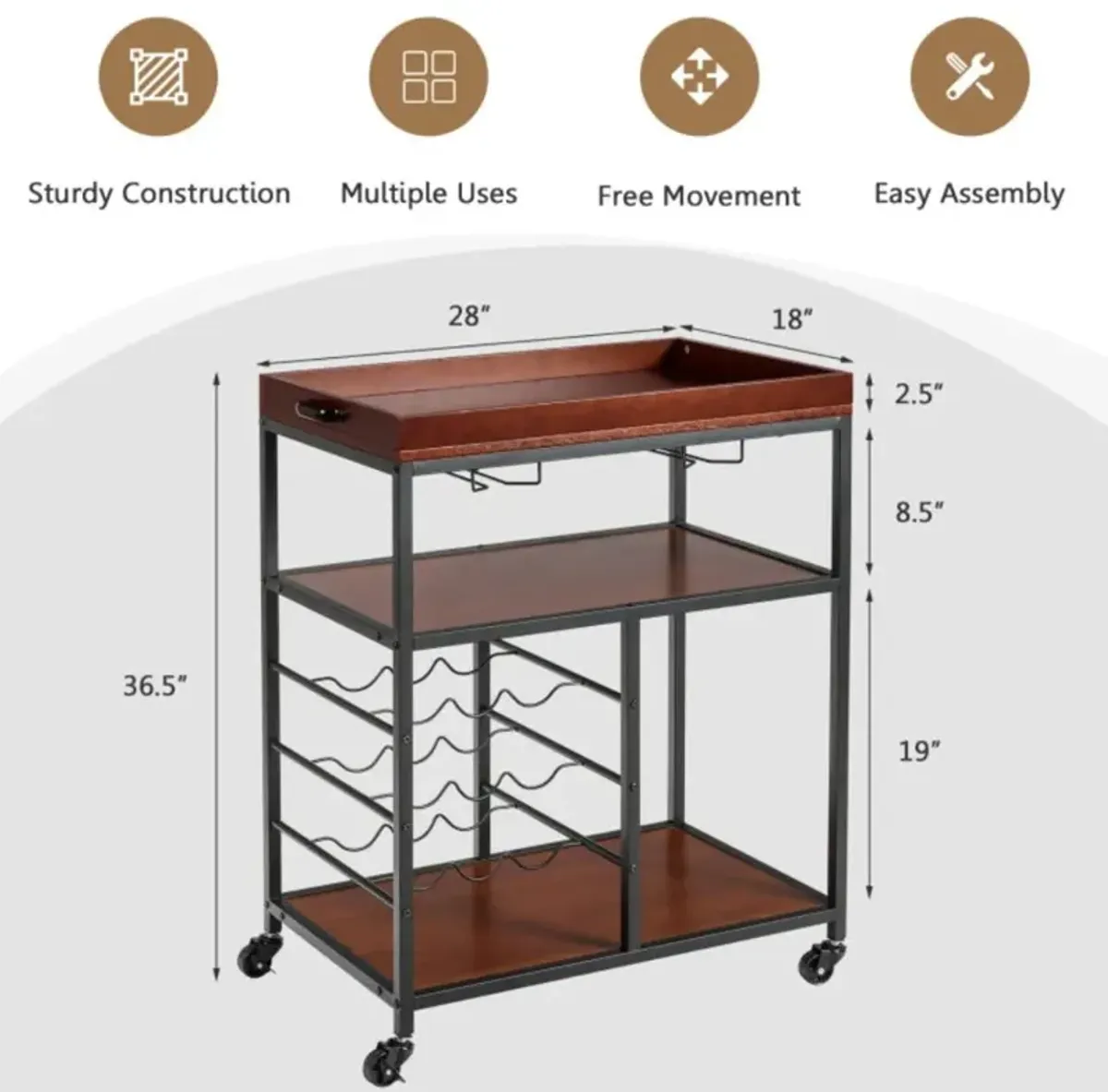 Hivvago 3 Tiers Storage Bar Serving Cart with Wine Rack