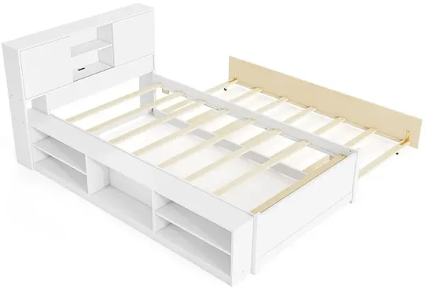 Bed Frame with Rolling Trundle Bed and Convenient Power Outlets