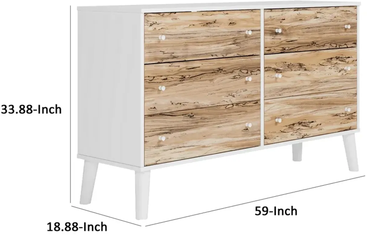 Asher 59 Inch Contemporary Dresser, 6 Drawers, White and Natural Brown-Benzara