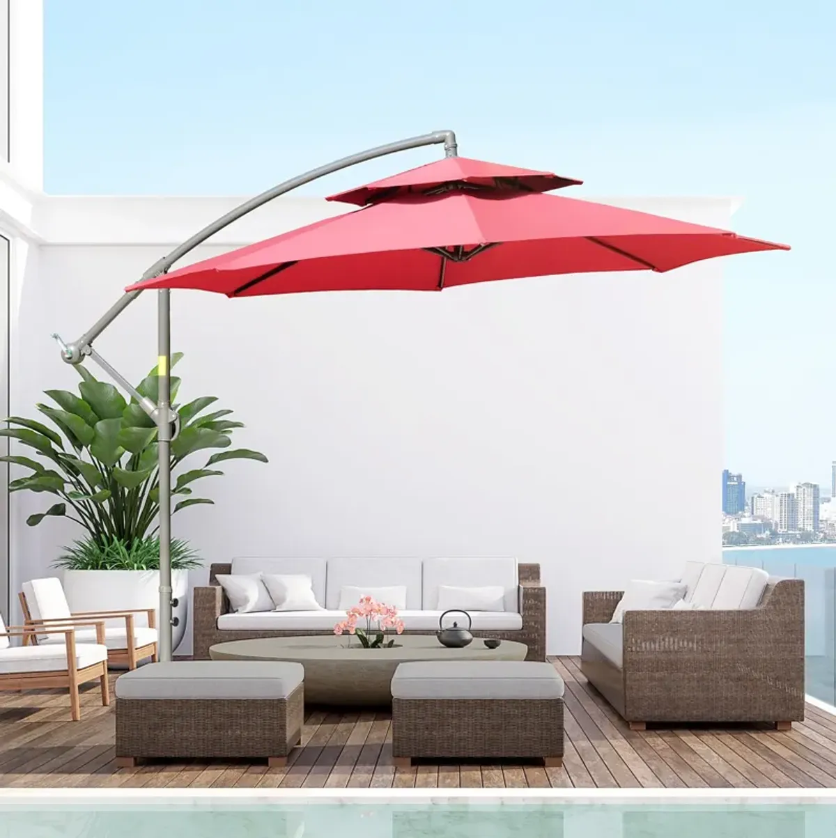 Red Patio Shade: 9FT Offset Umbrella with Crank Base