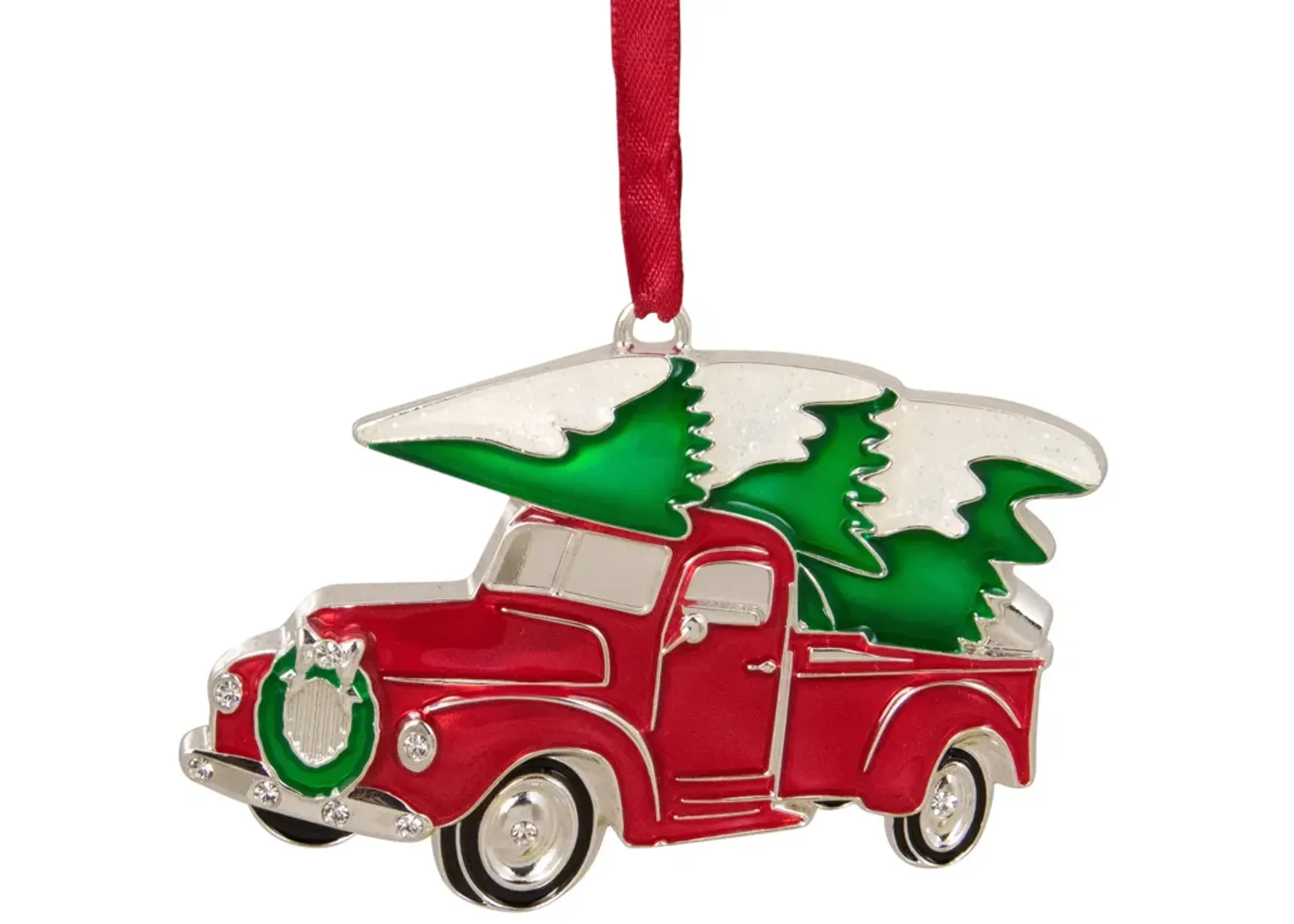 3.5" Red and Silver Country Pick Up Truck with European Crystals Christmas Ornament