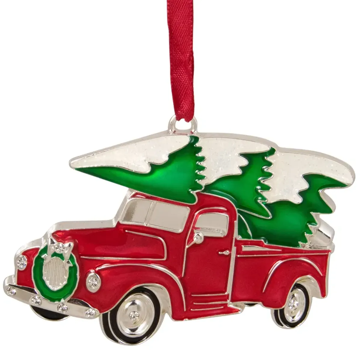 3.5" Red and Silver Country Pick Up Truck with European Crystals Christmas Ornament