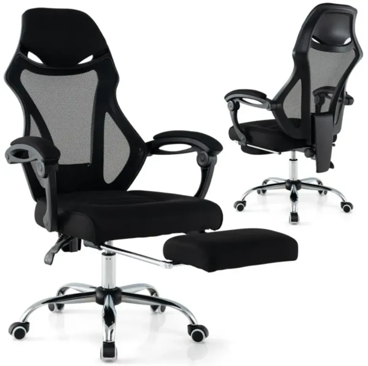 Ergonomic Mesh Office Chair with Footrest and Tilting Backrest-Black