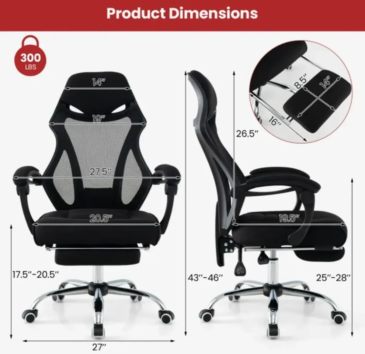 Ergonomic Mesh Office Chair with Footrest and Tilting Backrest-Black