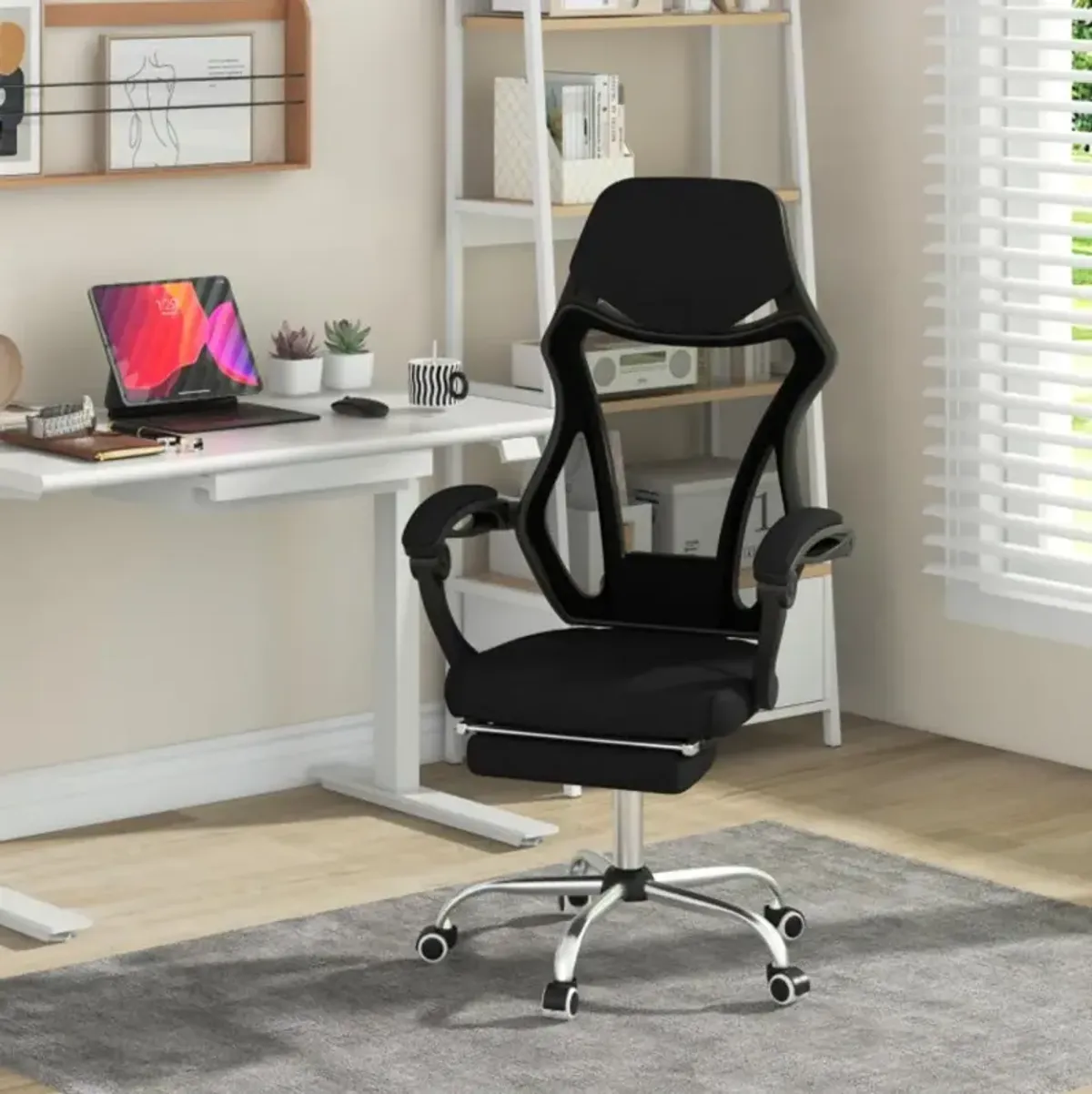 Ergonomic Mesh Office Chair with Footrest and Tilting Backrest-Black