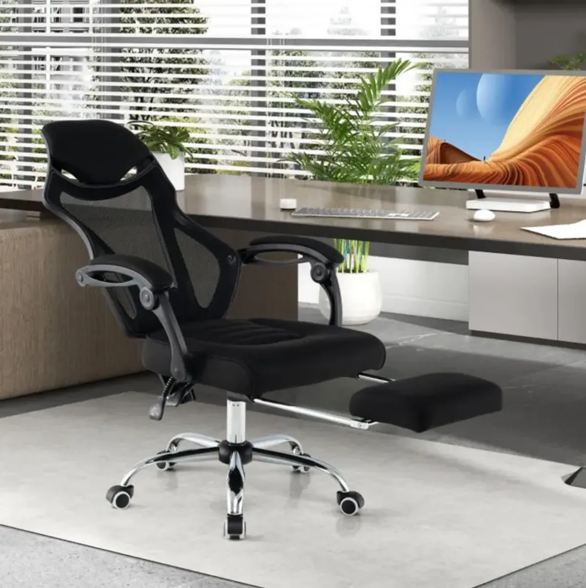 Ergonomic Mesh Office Chair with Footrest and Tilting Backrest-Black