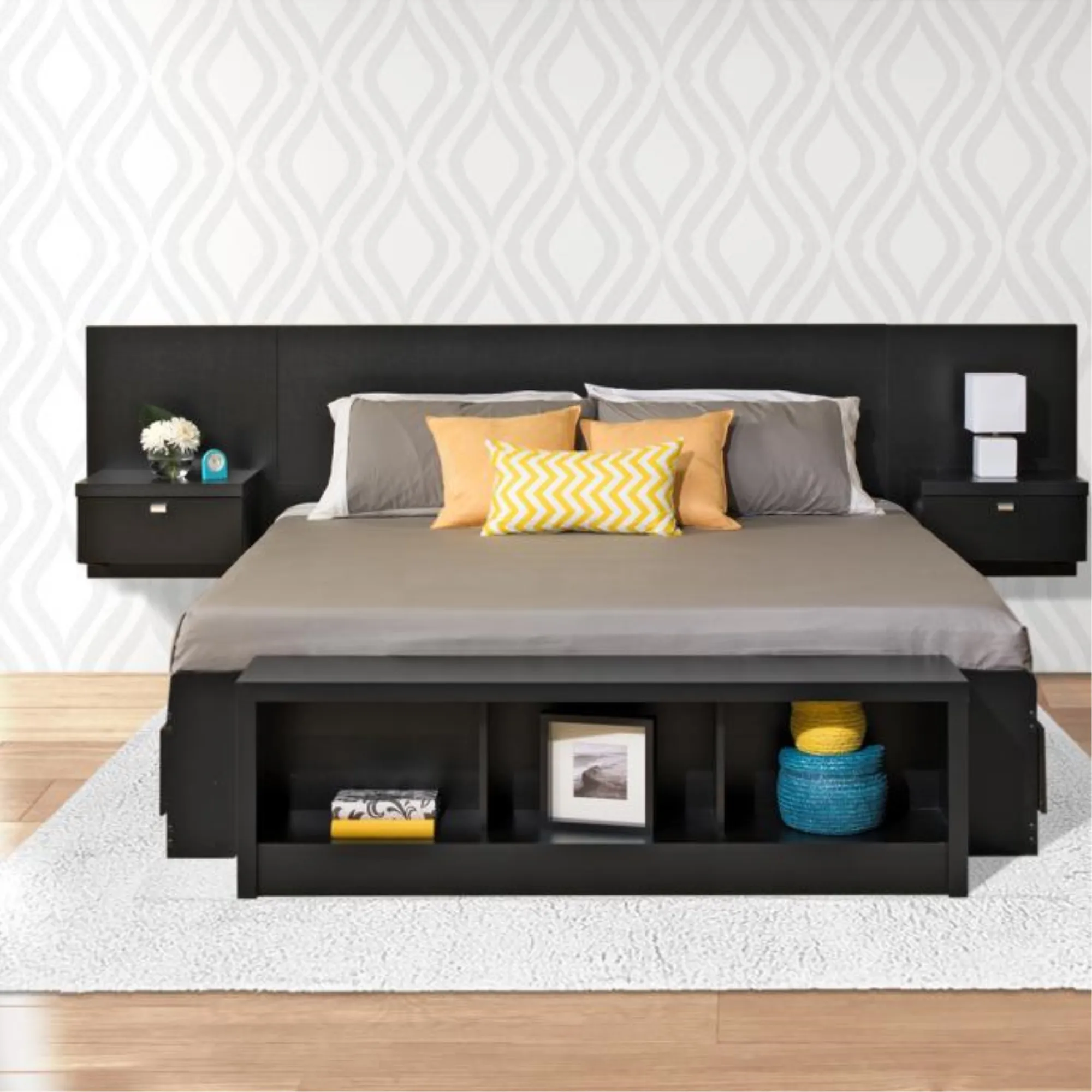 Series 9 Designer Floating King Headboard with Nightstands, Black