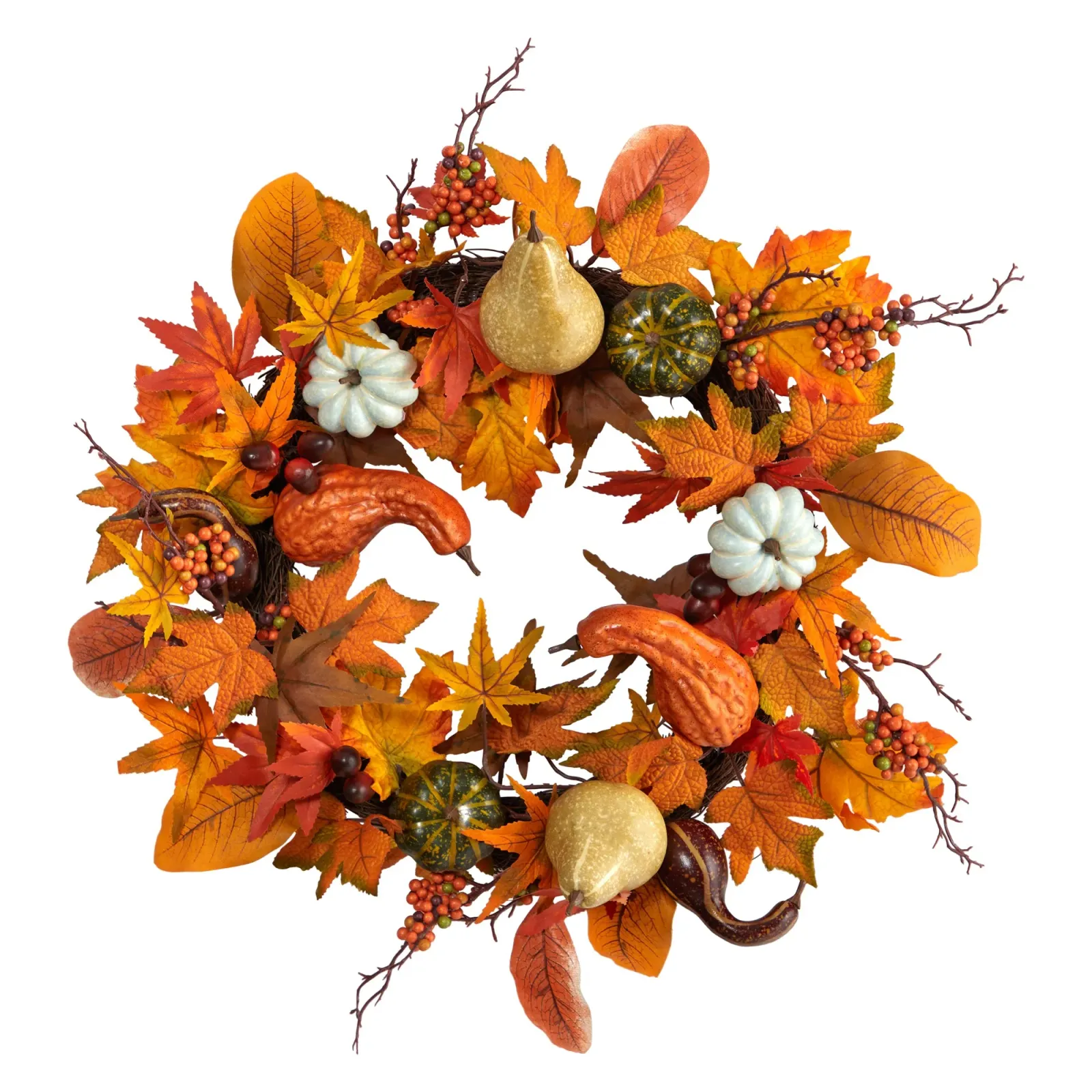 Hivvago 24" Autumn Pumpkin, Gourd and Berries in Assorted Colors Artificial Fall Wreath