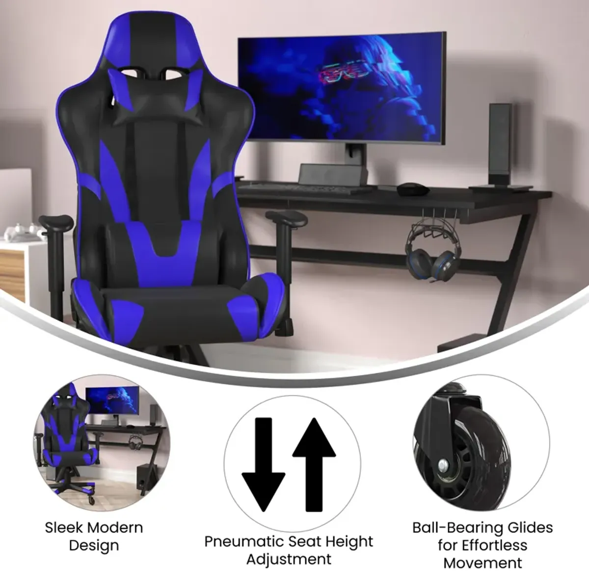 X20 Gaming Chair Racing Office Computer PC Adjustable Chair with Reclining Back and Transparent Roller Wheels in   LeatherSoft